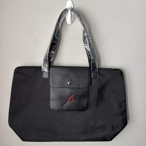 Black Nylon Tote Bag Faux Leather Trim Zip Top Red Logo Large Shoulder Bag